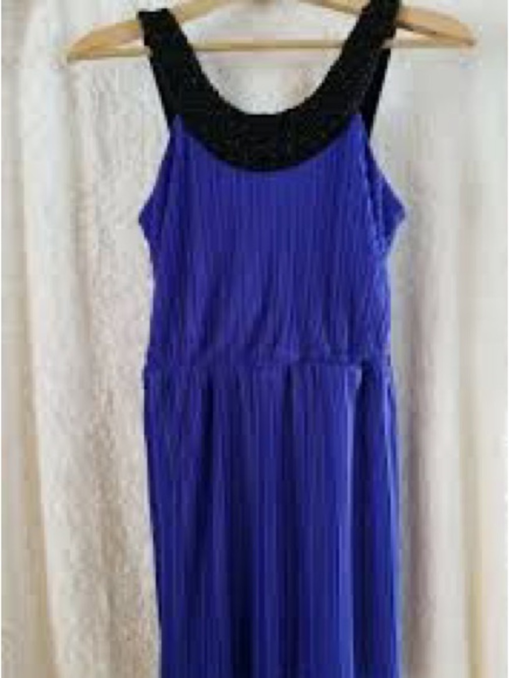 Women’s Royal Blue Sleeveless Midi Dress with Black Beaded Scoop Neck